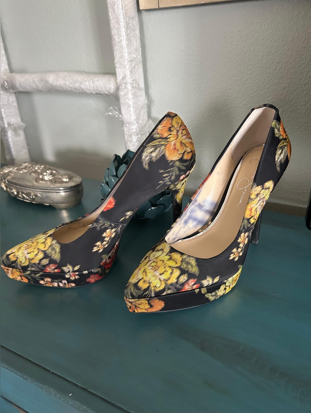 Jessica Simpson Black Floral Platform Pumps with Yellow Accents